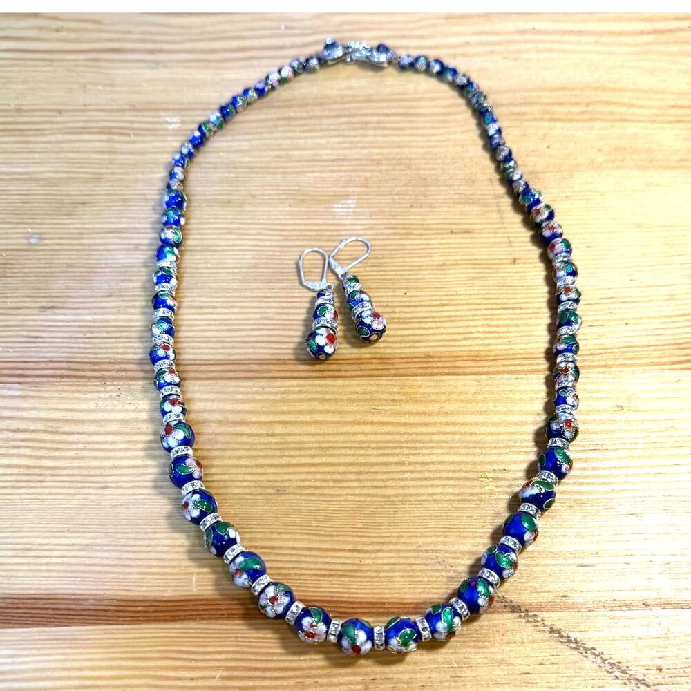 Cloisonne Enamel Bead Necklace Earrings Set Blue Floral Rhinestone Vintage Style